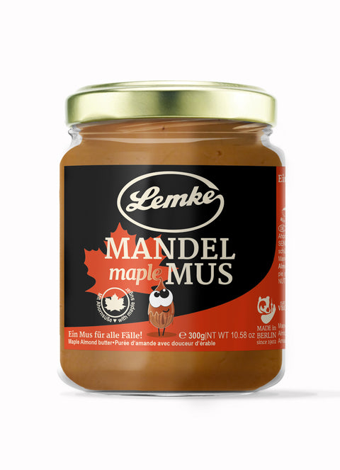 Glas Lemke Mandelmus Maple – cremiges Mandelmus mit feiner Ahornnote, vegan & ohne Zusätze. Perfekt für Backwaren & Desserts.