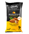 Eine Packung Lemke Sunny Orange Marzipan (200g). Die Verpackung hebt hervor, dass es sich um feines Berliner Orangen-Edelmarzipan handelt, natŸrlich vegan ist und in Berlin hergestellt wird. Es eignet sich zum Naschen, Backen und Dekorieren.
